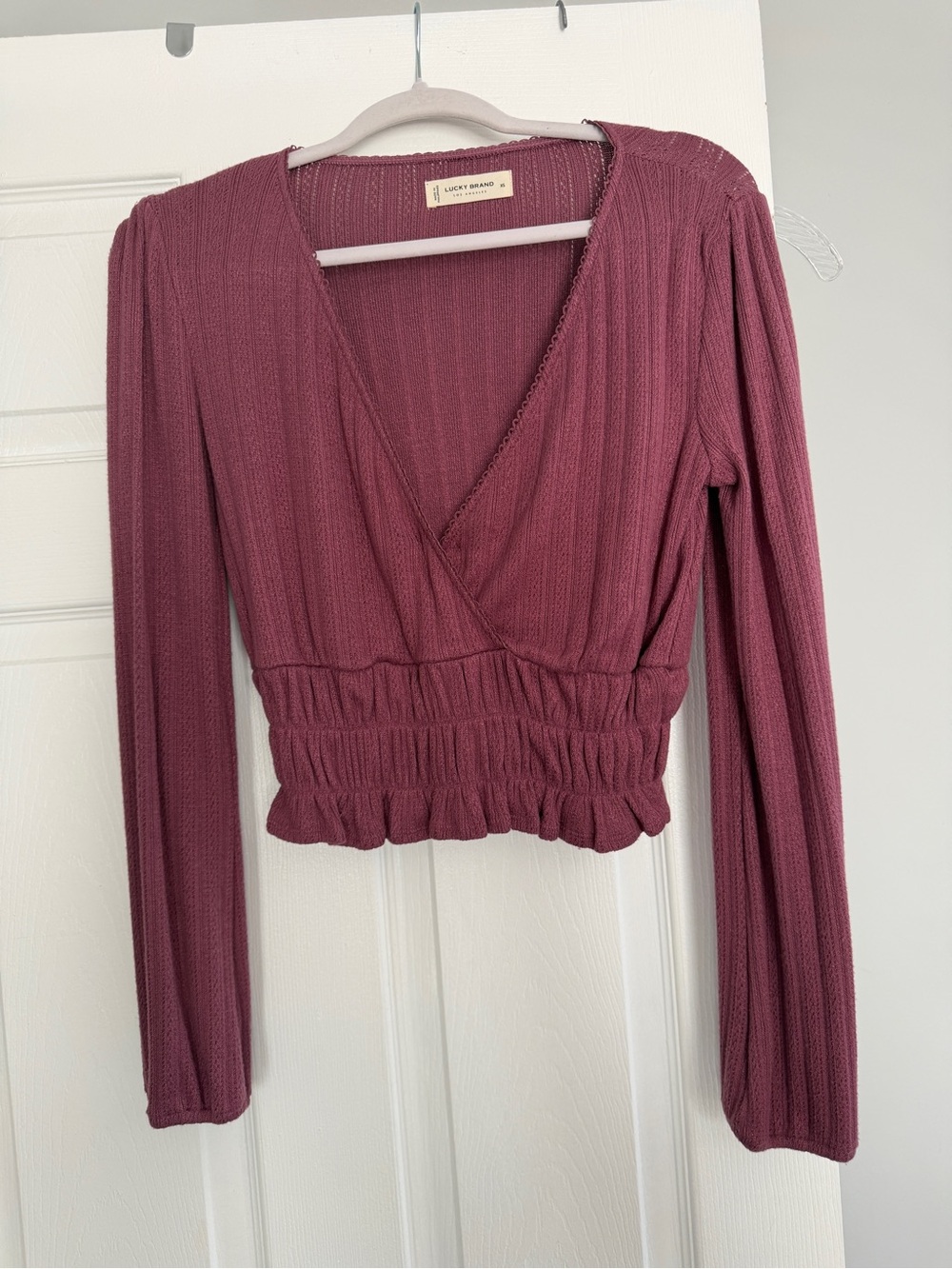 Lucky Brand Dusty Rose Ribbed Wrap-Front Long Sleeve Top